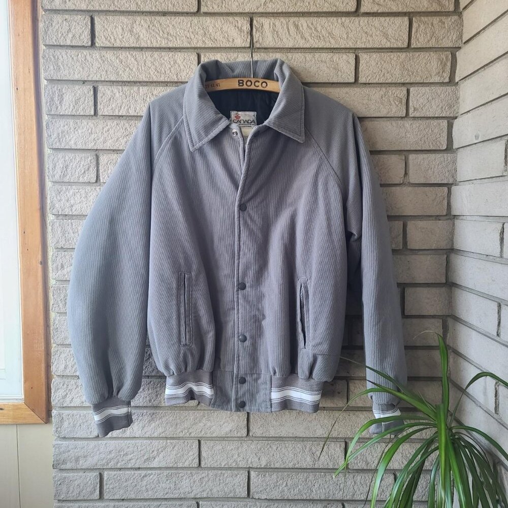 Vintage 'Canada sportswear co' grey corduroy button-up bomber jacket men's M